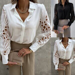 2/$40 Lace Sleeve Button Down Blouse Women’s Elegant Work Top Embroidered Shirt
